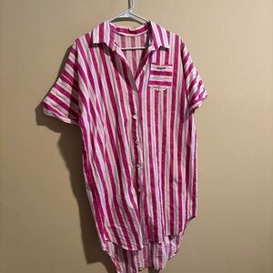 Vintage Playboy Playmate Pink and White Striped Button-Up dress high low hem